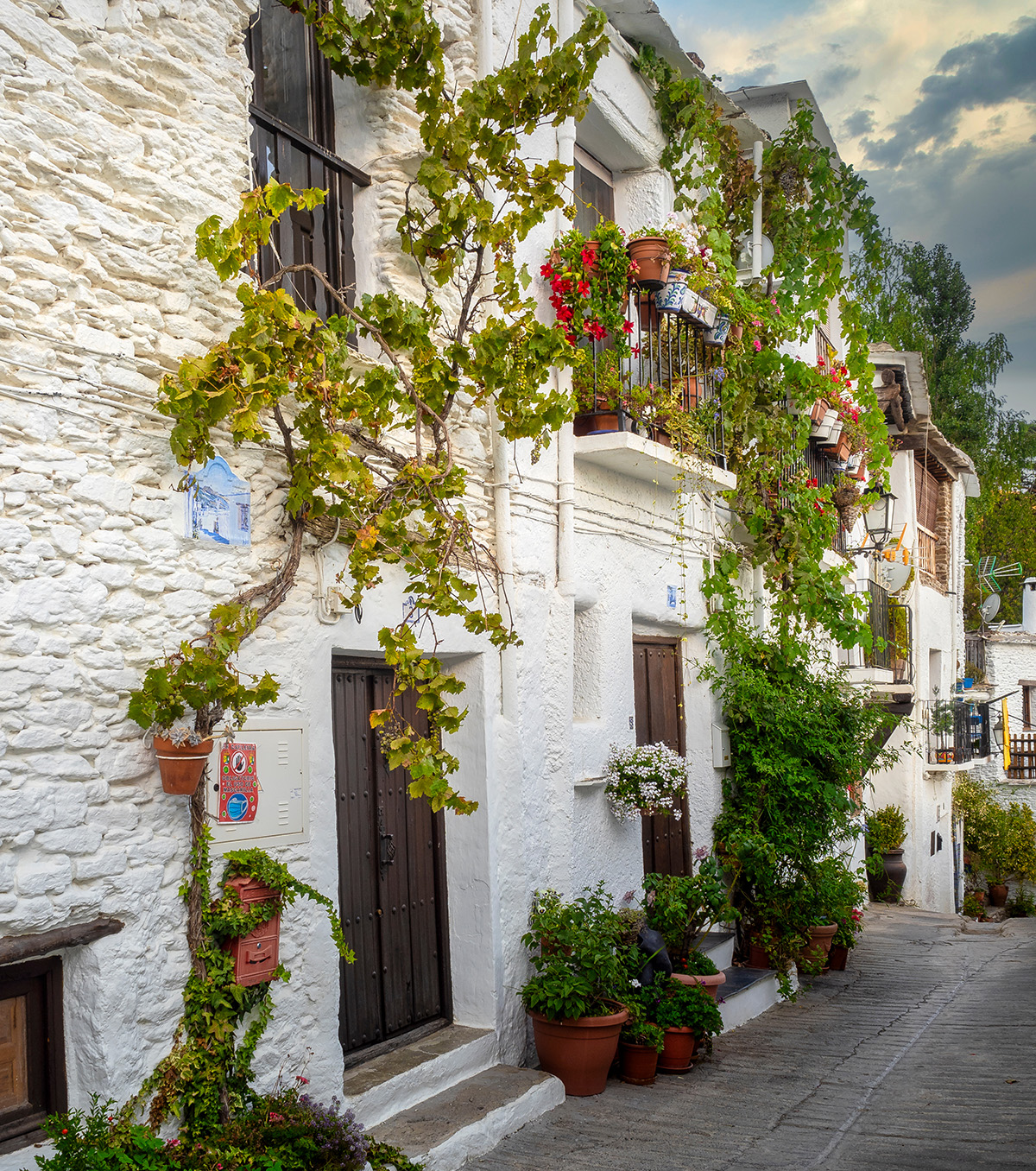 Typical village street of the Alpujarra, white houses and wooden terraces.
